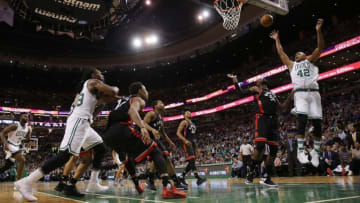 Dec 9, 2016; Boston, MA, USA; Boston Celtics center Al Horford (42) shoots against Toronto Raptors forward Patrick Patterson (54) in the second half at TD Garden. Toronto defeated the Celtics 101-94. Mandatory Credit: David Butler II-USA TODAY Sports