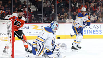 PHILADELPHIA, PENNSYLVANIA - NOVEMBER 01: Ukko-Pekka Luukkonen #1 of the Buffalo Sabres makes a save during the second period against the Philadelphia Flyers at the Wells Fargo Center on November 01, 2023 in Philadelphia, Pennsylvania. (Photo by Tim Nwachukwu/Getty Images)