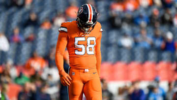 DENVER, CO - DECEMBER 22: Von Miller #58 of the Denver Broncos stands on the field as he warms up before a game against the Detroit Lions at Empower Field at Mile High on December 22, 2019 in Denver, Colorado. (Photo by Dustin Bradford/Getty Images)