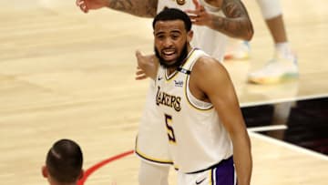 LOS ANGELES, CALIFORNIA - APRIL 04: Talen Horton-Tucker #5 of the Los Angeles Lakers reacts to a play against the Los Angeles Clippers during the third quarter at Staples Center on April 04, 2021 in Los Angeles, California. NOTE TO USER: User expressly acknowledges and agrees that, by downloading and or using this photograph, User is consenting to the terms and conditions of the Getty Images License Agreement. (Photo by Katelyn Mulcahy/Getty Images)