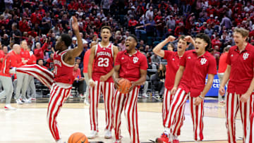 Teammates react after Xavier Johnson #0 of the Indiana Hoosiers dunked. (Photo by Ethan Miller/Getty Images)