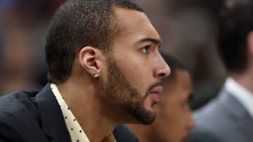 SALT LAKE CITY, UT - JANUARY 03: Rudy Gobert #27 of the Utah Jazz, who sat out the game due to injury, looks on from the bench during the second half of their 108-98 loss to the New Orleans Pelicans at Vivint Smart Home Arena on January 3, 2018 in Salt Lake City, Utah. (Photo by Gene Sweeney Jr./Getty Images)