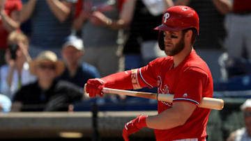 CLEARWATER, FLORIDA - MARCH 09: Bryce Harper #3 of the Philadelphia Phillies stretches in the first inning during a game against the Toronto Blue Jays on March 09, 2019 in Clearwater, Florida. (Photo by Mike Ehrmann/Getty Images)