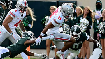 Oct 8, 2022; East Lansing, Michigan, USA; Ohio State Buckeyes wide receiver Emeka Egbuka (2) breaks out against the Michigan State Spartans for a first down at Spartan Stadium. Mandatory Credit: Dale Young-USA TODAY Sports