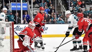SAN JOSE, CA - DECEMBER 05: Curtis McElhinney #35 of the Carolina Hurricanes defends the net against the San Jose Sharks at SAP Center on December 5, 2018 in San Jose, California (Photo by Brandon Magnus/NHLI via Getty Images)