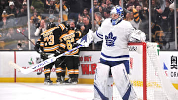 BOSTON, MA - DECEMBER 08: Toronto Maple Leafs Goalie Frederik Andersen (31) frustrated as the Bruins celebrate their 6th goal of the night. During the Toronto Maple Leafs game against the Boston Bruins on December 8, 2018 at TD Garden in Boston, MA.(Photo by Michael Tureski/Icon Sportswire via Getty Images)