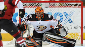 GLENDALE, AZ - APRIL 07: Ryan Miller #30 of the Anaheim Ducks gets ready to make a save against the Arizona Coyotes at Gila River Arena on April 7, 2018 in Glendale, Arizona. (Photo by Norm Hall/NHLI via Getty Images)