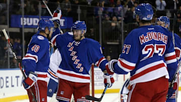 Nov 3, 2016; New York, NY, USA; New York Rangers right wing Michael Grabner (40) celebrates with teammates after scoring a goal against the Edmonton Oilers during the second period at Madison Square Garden. Mandatory Credit: Brad Penner-USA TODAY Sports