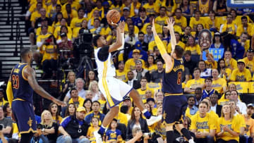 Jun 2, 2016; Oakland, CA, USA; Golden State Warriors guard Leandro Barbosa (19) shoots the ball over Cleveland Cavaliers guard Matthew Dellavedova (8) during the second quarter in game one of the NBA Finals at Oracle Arena. Mandatory Credit: Kyle Terada-USA TODAY Sports