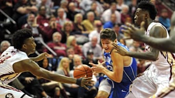 Jan 10, 2017; Tallahassee, FL, USA; Duke Blue Devils guard Grayson Allen (3) loses the ball as Florida State Seminoles guard Terance Mann (14) defends during the first half at the Donald L. Tucker Center. Mandatory Credit: Melina Vastola-USA TODAY Sports