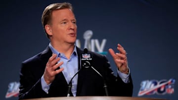 MIAMI, FLORIDA - JANUARY 29: NFL Commissioner Roger Goodell speaks to the media during a press conference prior to Super Bowl LIV at the Hilton Miami Downtown on January 29, 2020 in Miami, Florida. The San Francisco 49ers will face the Kansas City Chiefs in the 54th playing of the Super Bowl, Sunday February 2nd. (Photo by Cliff Hawkins/Getty Images)