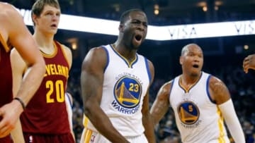 Jan 9, 2015; Oakland, CA, USA; Golden State Warriors forward Draymond Green (32) reacts after being called for a foul against the Cleveland Cavaliers in the first quarter at Oracle Arena. Mandatory Credit: Cary Edmondson-USA TODAY Sports