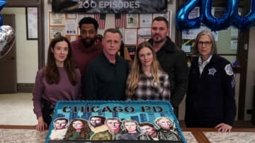 CHICAGO P.D. -- "200th Celebration" Episode 1014 -- Pictured: (l-r) Marina Squerciati, LaRoyce Hawkins, Jason Beghe, Tracy Spiridakos, Patrick John Flueger, Amy Morton -- (Photo by: Lori Allen/NBC)