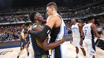 INDIANAPOLIS, IN - JANUARY 27: Victor Oladipo #4 of the Indiana Pacers and Aaron Gordon #00 of the Orlando Magic exchange a hug after the game between the two teams on January 27, 2018 at Bankers Life Fieldhouse in Indianapolis, Indiana. NOTE TO USER: User expressly acknowledges and agrees that, by downloading and or using this Photograph, user is consenting to the terms and conditions of the Getty Images License Agreement. Mandatory Copyright Notice: Copyright 2018 NBAE (Photo by Ron Hoskins/NBAE via Getty Images)
