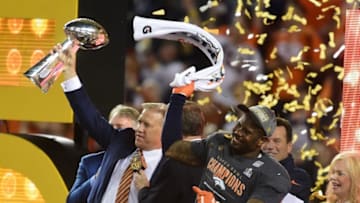 Feb 7, 2016; Santa Clara, CA, USA;Denver Broncos general manager John Elway and Super Bowl MVP Denver Broncos outside linebacker Von Miller (58) celebrate winning Super Bowl 50 at Levi