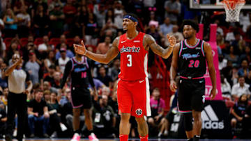 Bradley Beal #3 of the Washington Wizards reacts against the Miami Heat during the second half (Photo by Michael Reaves/Getty Images)