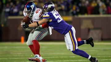 Dec 27, 2015; Minneapolis, MN, USA; Minnesota Vikings linebacker Chad Greenway (52) breaks up a pass intended for New York Giants tight end Will Tye (45) during the third quarter at TCF Bank Stadium. The Vikings defeated the Giants 49-17. Mandatory Credit: Brace Hemmelgarn-USA TODAY Sports