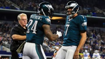 Nov 8, 2015; Arlington, TX, USA; Philadelphia Eagles running back Ryan Mathews (24) celebrates his touchdown with quarterback Sam Bradford (7) during the second half of a game against the Dallas Cowboys at AT&T Stadium. Mandatory Credit: Ray Carlin-USA TODAY Sports