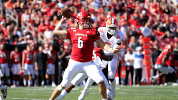LOUISVILLE, KENTUCKY - OCTOBER 19: Evan Conley #6 of the Louisville Cardinals throws the ball against the Clemson Tigers at Cardinal Stadium on October 19, 2019 in Louisville, Kentucky. (Photo by Andy Lyons/Getty Images)