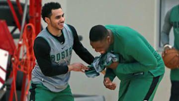 PHILADELPHIA, MA - MAY 6: Boston Celtics Shane Larkin, left, has some fun with teammate Guerschon Yabusele, right, after the media was allowed in following practice.The Boston Celtics held a practice session on the campus of Temple University in preparation for Game Four of their NBA Eastern Conference Semi Final Playoff series vs. the Philadelphia 76ers. (Photo by Jim Davis/The Boston Globe via Getty Images)