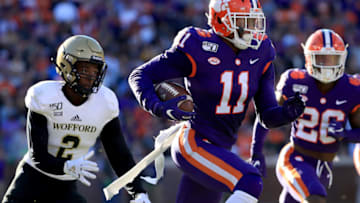 CLEMSON, SOUTH CAROLINA - NOVEMBER 02: Isaiah Simmons #11 of the Clemson Tigers runs with the ball after an interception against the Wofford Terriers during their game at Memorial Stadium on November 02, 2019 in Clemson, South Carolina. (Photo by Streeter Lecka/Getty Images)