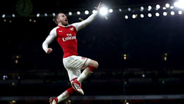 LONDON, ENGLAND - FEBRUARY 03: Aaron Ramsey of Arsenal celebrates after scoring his sides fifth goal during the Premier League match between Arsenal and Everton at Emirates Stadium on February 3, 2018 in London, England. (Photo by Catherine Ivill/Getty Images)