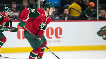 Sep 27, 2016; Saint Paul, MN, USA; Minnesota Wild forward Joel Eriksson Ek (54) during a preseason hockey game against the Colorado Avalanche at Xcel Energy Center. The Avalanche defeated the Wild 4-1. Mandatory Credit: Brace Hemmelgarn-USA TODAY Sports