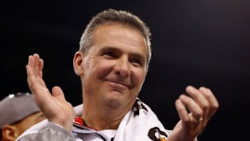 INDIANAPOLIS, IN - DECEMBER 06: Head coach Urban Meyer of the Ohio State Buckeyes celebrates his team's 59-0 win over the Wisconsin Badgers in the Big Ten Championship at Lucas Oil Stadium on December 6, 2014 in Indianapolis, Indiana. (Photo by Joe Robbins/Getty Images)