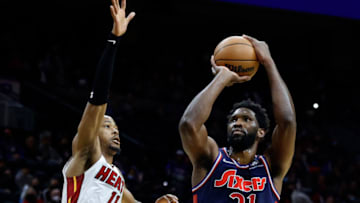 Joel Embiid #21 of the Philadelphia 76ers shoots over KZ Okpala #11 of the Miami Heat(Photo by Tim Nwachukwu/Getty Images)