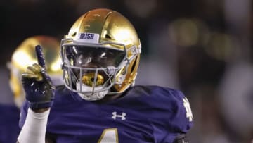 SOUTH BEND, IN - SEPTEMBER 29: Te'von Coney #4 of the Notre Dame Fighting Irish reacts after a tackle in the first quarter of the game against the Stanford Cardinal at Notre Dame Stadium on September 29, 2018 in South Bend, Indiana. (Photo by Michael Hickey/Getty Images)