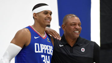 PLAYA VISTA, CA - SEPTEMBER 24: Head coach Doc Rivers and Tobias Harris #34 of the Los Angeles Clippers pose for photos during media day at the Los Angeles Clippers Training Center on September 24, 2018 in Playa Vista, California. NOTE TO USER: User expressly acknowledges and agrees that, by downloading and or using this photograph, User is consenting to the terms and conditions of the Getty Images License Agreement. (Photo by Jayne Kamin-Oncea/Getty Images)