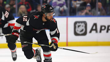 Mar 11, 2023; Buffalo, New York, USA; Buffalo Sabres left wing Jordan Greenway (12) skates up ice during the third period against the New York Rangers at KeyBank Center. Mandatory Credit: Timothy T. Ludwig-USA TODAY Sports