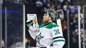 WINNIPEG, MB - MARCH 18: Dallas Stars goalie Ben Bishop (30) takes a water break during the NHL game between the Winnipeg Jets and the Dallas Stars on March 18, 2018 at the Bell MTS Place in Winnipeg MB. (Photo by Terrence Lee/Icon Sportswire via Getty Images)