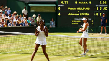 LONDON, ENGLAND - JULY 13: Venus Williams of The United States victory during the Ladies Singles semi final match against Johanna Konta of Great Britain on day ten of the Wimbledon Lawn Tennis Championships at the All England Lawn Tennis and Croquet Club at Wimbledon on July 13, 2017 in London, England. (Photo by Clive Brunskill/Getty Images)