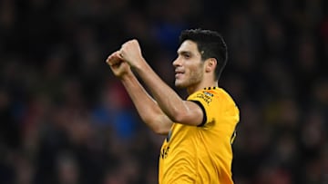 WOLVERHAMPTON, ENGLAND - JANUARY 07: Raul Jimenez of Wolverhampton Wanderers celebrates after scoring a goal to make it 1-0 during the Emirates FA Cup Third Round match between Wolverhampton Wanderers and Liverpool at Molineux on January 7, 2019 in Wolverhampton, United Kingdom. (Photo by Sam Bagnall - AMA/Getty Images)