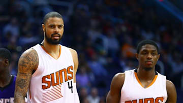 Nov 4, 2015; Phoenix, AZ, USA; Phoenix Suns center Tyson Chandler (4) and guard Brandon Knight (3) against the Sacramento Kings at Talking Stick Resort Arena. The Suns defeated the Kings 118-97. Mandatory Credit: Mark J. Rebilas-USA TODAY Sports