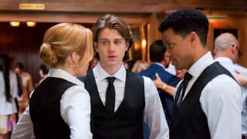 Nancy Drew -- "The Case of the Wayward Spirit" -- Image Number: NCD105b_0054b.jpg -- Pictured (L-R): Kennedy McMann as Nancy, Alex Saxon as Ace and Tunji Kasim as Nick -- Photo: Dean Buscher/The CW -- © 2019 The CW Network, LLC. All Rights Reserved.