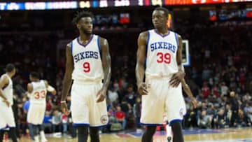 Apr 15, 2015; Philadelphia, PA, USA; Philadelphia 76ers guard JaKarr Sampson (9) and forward Jerami Grant (39) walk across the court in a game against the Miami Heat at Wells Fargo Center. The Heat won 105-101. Mandatory Credit: Bill Streicher-USA TODAY Sports