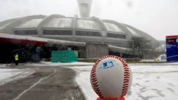 Apr 4, 2015; Montreal, Quebec, CAN; General view of the stadium with snow and a baseball before the game between the Cincinnati Reds and the Toronto Blue Jays at the Olympic Stadium. Mandatory Credit: Eric Bolte-USA TODAY Sports