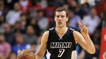 Feb 21, 2015; Miami, FL, USA; Miami Heat guard Goran Dragic (7) dribbles the ball against the New Orleans Pelicans during the first half at American Airlines Arena. Mandatory Credit: Steve Mitchell-USA TODAY Sports
