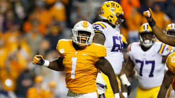 KNOXVILLE, TN - NOVEMBER 18: Jonathan Kongbo #1 of the Tennessee Volunteers reacts after a sack against the LSU Tigers during the first half at Neyland Stadium on November 18, 2017 in Knoxville, Tennessee. (Photo by Michael Reaves/Getty Images)
