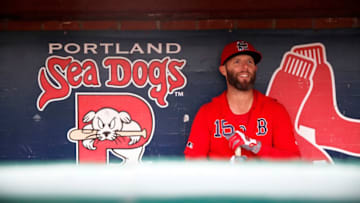 PORTLAND, ME - MAY 2: Red Sox second baseman Dustin Pedroia awaits the start of batting practice in the Sea Dogs dugout on Thursday afternoon. Pedroia was in Portland for an injury rehab assignment. (Staff photo by Ben McCanna/Portland Portland Press Herald via Getty Images)