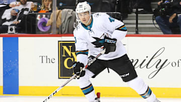 NEW YORK, NY - OCTOBER 21: Ryan Carpenter #40 of the San Jose Sharks skates against the New York Islanders at Barclays Center on October 21, 2017 in the Brooklyn borough of New York City. (Photo by Anna Sergeeva/NHLI via Getty Images)