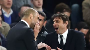 LONDON, ENGLAND - APRIL 05: Chelsea Manager / Head Coach Antonio Conte argues with Manchester City Manager / Head Coach Pep Guardiola (L) during the Premier League match between Chelsea and Manchester City at Stamford Bridge on April 5, 2017 in London, England. (Photo by Chris Brunskill Ltd/Getty Images)