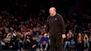 NEW YORK, NEW YORK - JANUARY 16: Head coach Tom Thibodeau of the New York Knicks direct his players in overtime against the Toronto Raptors at Madison Square Garden on January 16, 2023 in New York City. The Toronto Raptors defeated the New York Knicks 123-121 in overtime. NOTE TO USER: User expressly acknowledges and agrees that, by downloading and or using this photograph, User is consenting to the terms and conditions of the Getty Images License Agreement. (Photo by Elsa/Getty Images)