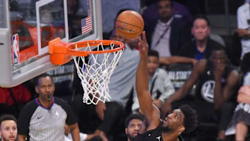 LOS ANGELES, CA - FEBRUARY 18: Joel Embiid tips in the ball in during the NBA All-Star Game 2018 at Staples Center on February 18, 2018 in Los Angeles, California. (Photo by Jayne Kamin-Oncea/Getty Images)