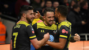 LONDON, ENGLAND - FEBRUARY 05: Danny Ings of Southampton celebrates with teammates Shane Long and Ryan Bertrand after scoring his team's second goal during the FA Cup Fourth Round Replay match between Tottenham Hotspur and Southampton FC at Tottenham Hotspur Stadium on February 05, 2020 in London, England. (Photo by Mike Hewitt/Getty Images)