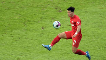 Leipzig's Korean forward Hwang Hee-chan plays the ball during the German first division Bundesliga football match Hertha Berlin vs RB Leipzig in Berlin, Germany, on February 21, 2021. (Photo by Soeren Stache / POOL / AFP) / RESTRICTIONS: DFL REGULATIONS PROHIBIT ANY USE OF PHOTOGRAPHS AS IMAGE SEQUENCES AND/OR QUASI-VIDEO (Photo by SOEREN STACHE/POOL/AFP via Getty Images)