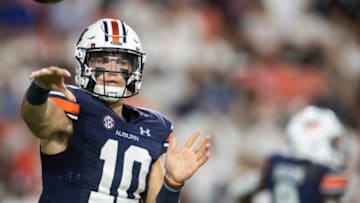 Auburn football quarterback Bo Nix (10) throws the ball at Jordan-Hare Stadium in Auburn, Ala., on Saturday, Sept. 4, 2021. Auburn Tigers leads Akron Zips 37-0.