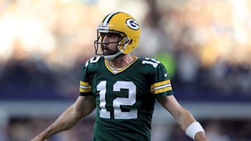 ARLINGTON, TX - OCTOBER 08: Aaron Rodgers #12 of the Green Bay Packers reacts after throwing the game winning touchdown against the Dallas Cowboys in the fourth quarter at AT&T Stadium on October 8, 2017 in Arlington, Texas. (Photo by Ronald Martinez/Getty Images)